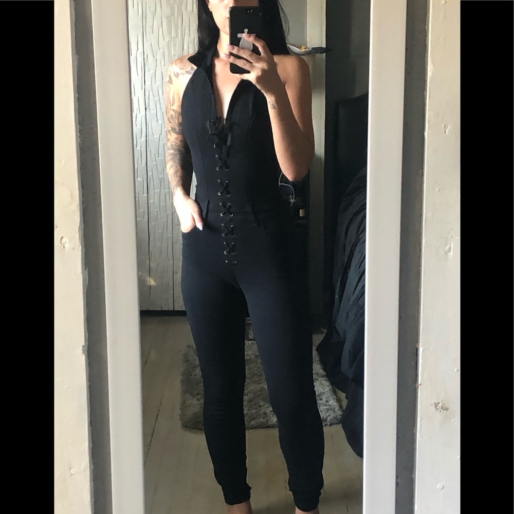 GUESS Halter Denim Lace-up Jumpsuit